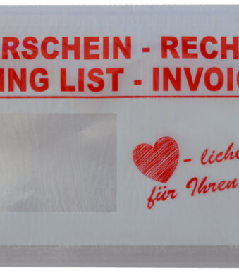 Transporthouder voor verzendnota, langwerpig formaat, met opdruk.