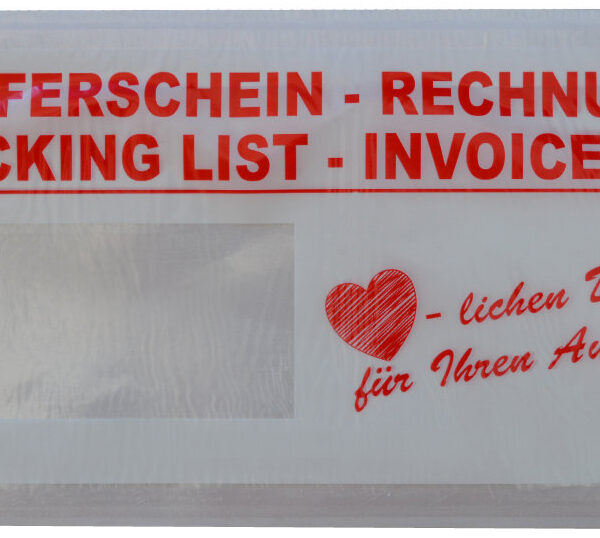 Transporthouder voor verzendnota, langwerpig formaat, met opdruk.