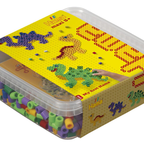 Kralenplank dinosaurussen met grote kralenbundel en stiftplaat, in doos.