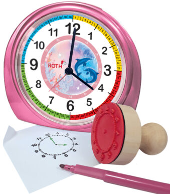 Roze kinderklok en stempelset 'Dolfijnen'