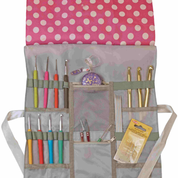Tas voor haakpriemen met stippenpatroon, roze/wit