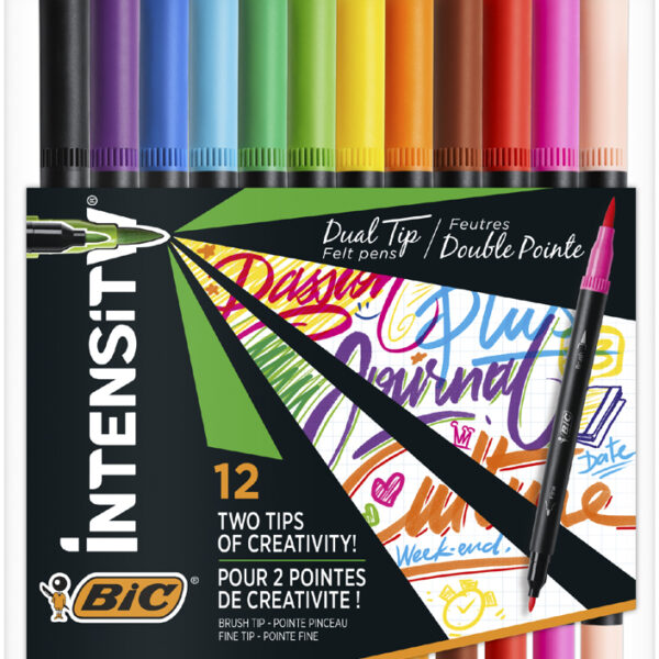 BIC Vezelstiften Tweekleurig, 12 stuks in een etui, gemengde kleuren.