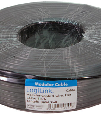 Telefoonsnoer, 100 meter, 4-aderig, plat, zwart