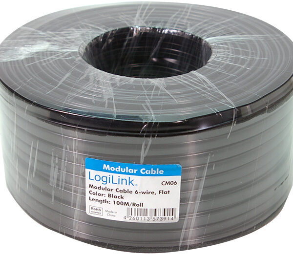 Telefoonsnoer, 100 meter, 6-aderig, plat, zwart