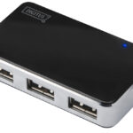 USB 2.0 Mini Hub met 4 poorten, zilverkleurig, inclusief voedingsadapter