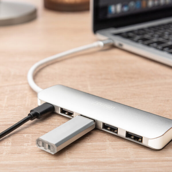 USB-C 3.0 hub, 4 poorten, zilverkleurig