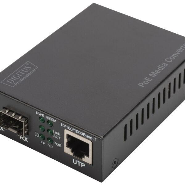 Gigabit PoE-mediaconverter, RJ45 / SFP, voedingsuitgang.