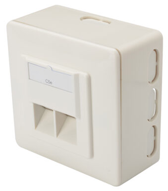 Inbouw wanddoos categorie 5e, afgeschermde klasse D, 2 x RJ45 aansluitingen.