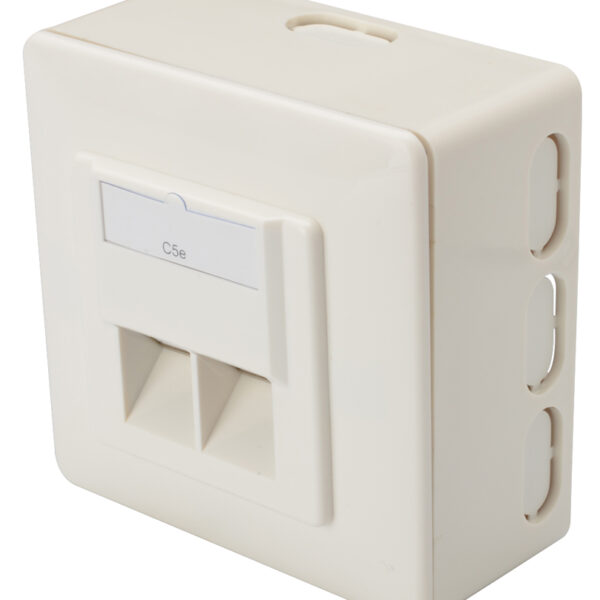 Inbouw wanddoos categorie 5e, afgeschermde klasse D, 2 x RJ45 aansluitingen.