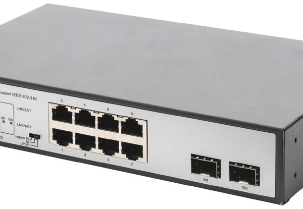 19" Gigabit PoE-switch, 8 poorten, onbeheerd, 2 uplinks.