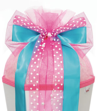 Schooltaslintstrik roze stippen, lichtblauw/roze/wit