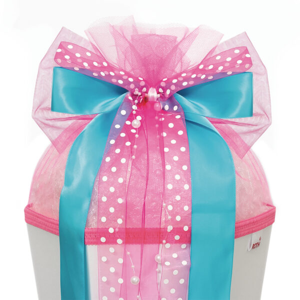 Schooltaslintstrik roze stippen, lichtblauw/roze/wit