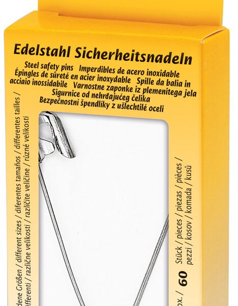 Veiligheidsspelden in metalen blik, zilverkleurig.