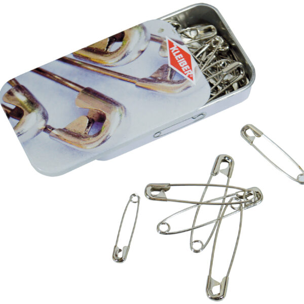 Veiligheidsspelden in metalen blik, zilverkleurig.
