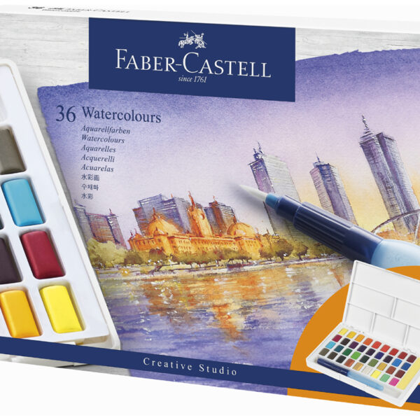 Faber-Castell aquarelverf in napjes, etui met 36 kleuren.