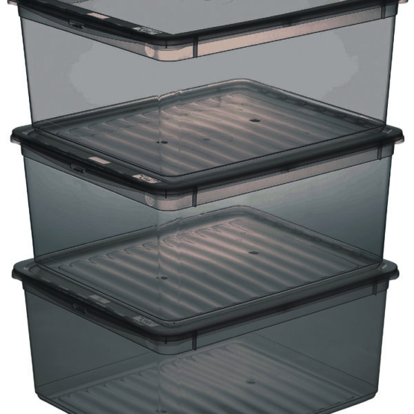 Doorzichtige grijze plastic opbergboxen set, 3 x 18 liter