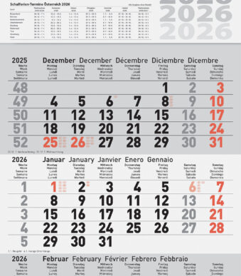 Wandkalender met driedubbele maandweergave 'Klokken', 2026, grijs