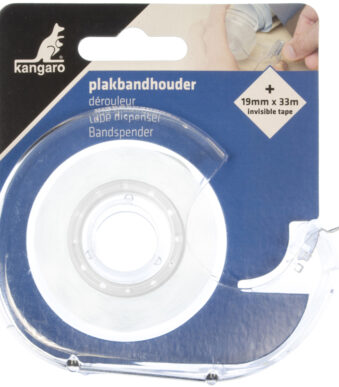 Kangaro plakbandhouder met onzichtbare tape, 19mm x 33m