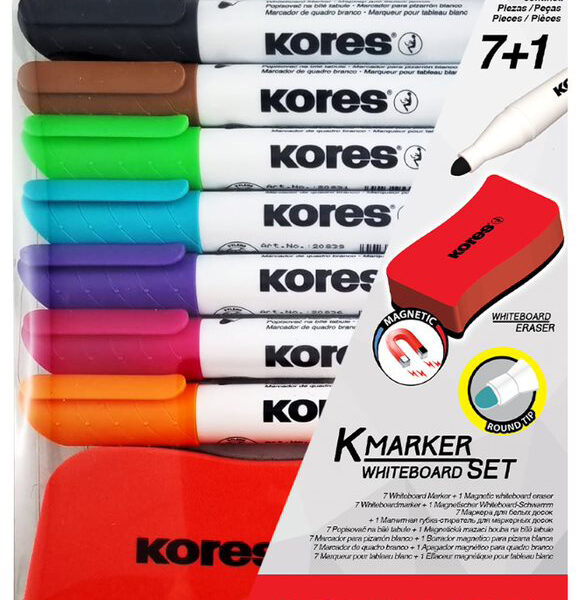 Kores Whiteboard Marker Set, 7 Markers + Bordwisser