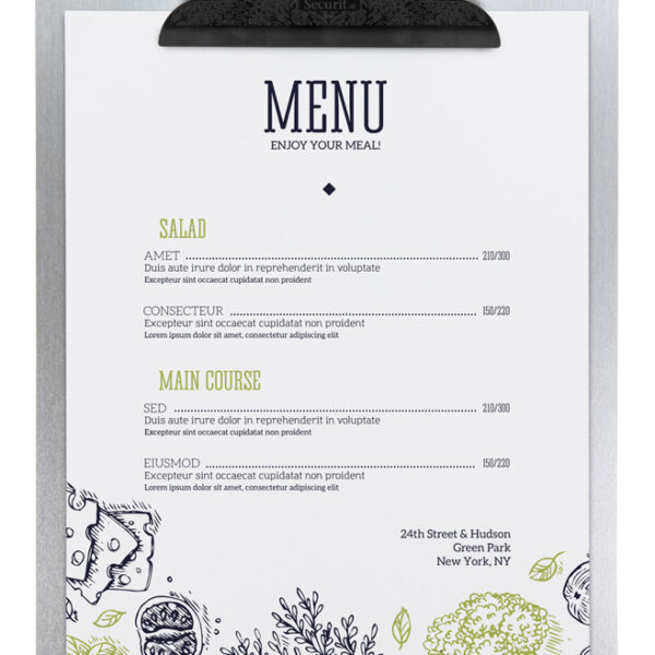 Securit Menukaart klembord, A4, metaal, zilver