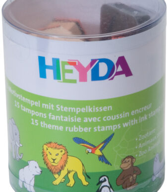 Stempels met dierenafbeeldingen in transparante doos.