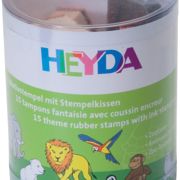 Stempels met dierenafbeeldingen in transparante doos.