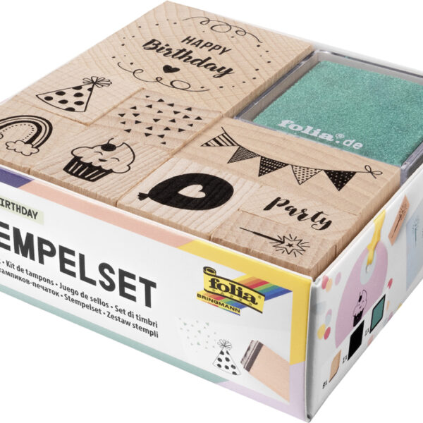 Houten stempelset 'Gelukkige Verjaardag', 11 stuks