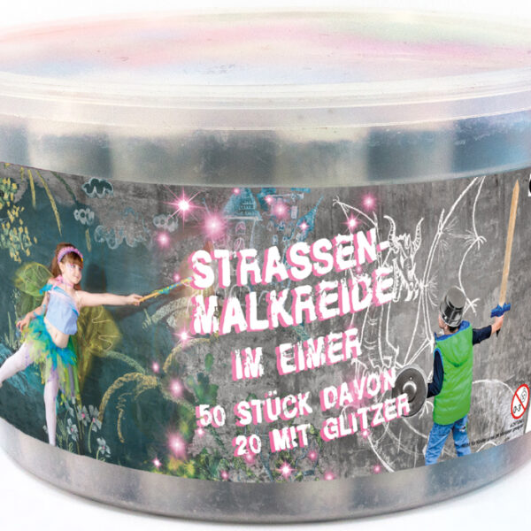 JAMASIA Stoepkrijt met glitter, 50 stuks in kunststof emmer