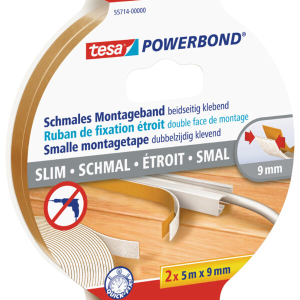 tesa Powerbond Montageband smal, 2 x 9 mm x 5 m, wit