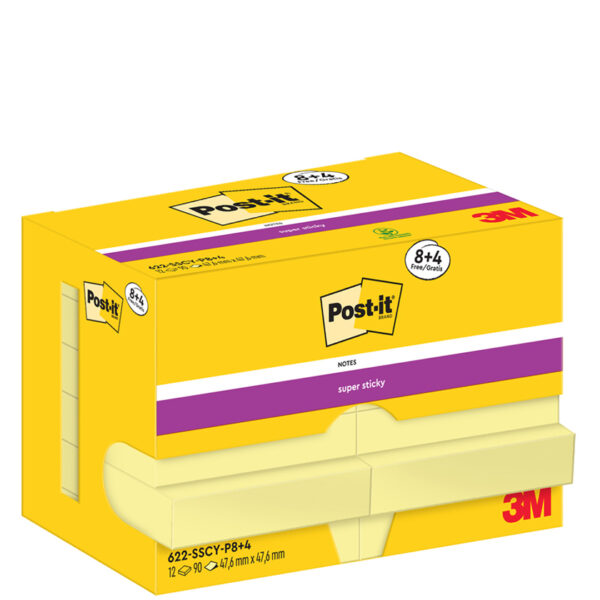 Post-it Zelfklevende notitieblokjes super sticky, geel, 47,6 x 47,6 mm, 12 blokken