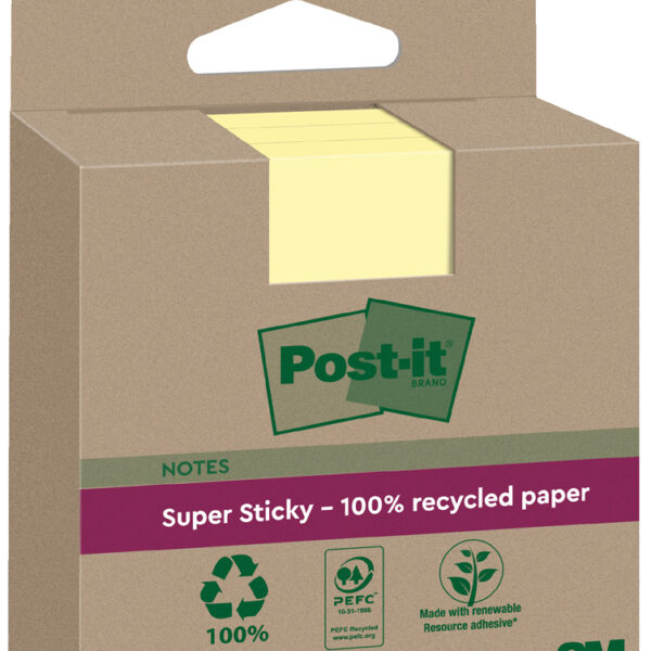 Post-it Super Sticky gerecyclede notitieblokken, 76 x 76 mm, geel