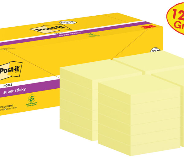 Post-it Haftnotizen super sticky geel, 76 x 76 mm, 24 blokken in dispenserdoos
