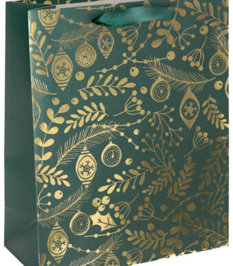 Kerstcadeauzak 'Gouden ornamenten op groen'