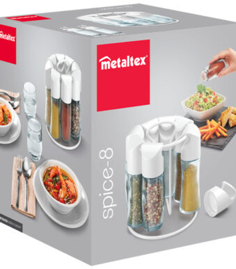 Metaltex kruidenrek draaiend wit - 8 glazen potjes inclusief etiketten
