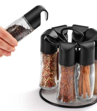 Metaltex kruidenrek draaibaar zwart met 8 glazen potjes