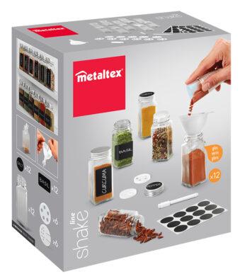 Metaltex kruidenstrooier set 12 glazen potten 120ml met accessoires