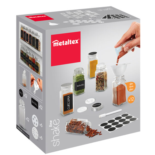 Metaltex kruidenstrooier set 12 glazen potten 120ml met accessoires