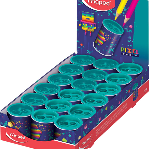 Maped dubbele puntenslijper PIXEL PARTY, metaal met opvangbak, 18 stuks display