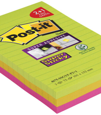 Post-it Super Sticky Notes gelineerd, 101x152 mm, 3 blokken, gekleurd