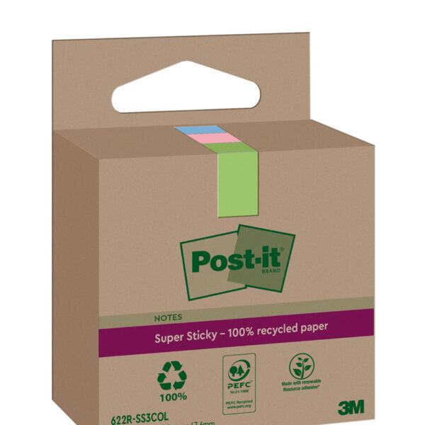 Post-it Super Sticky gerecyclede notitieblokjes, 47,6 x 47,6 mm, gekleurd
