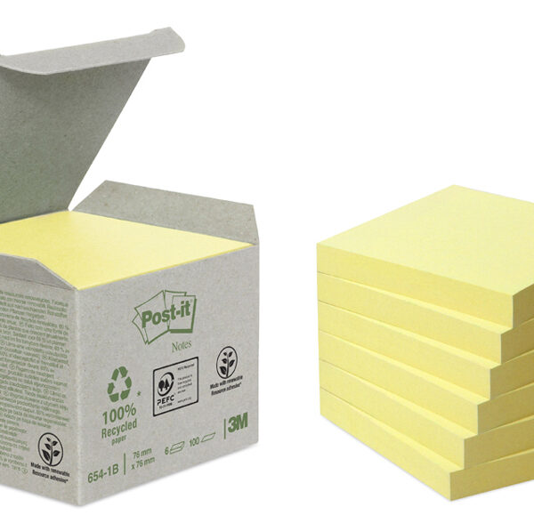Post-it Zelfklevende memoblaadjes gerecycled, 76 x 76 mm, geel