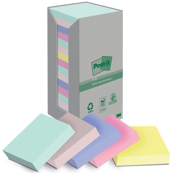 Post-it Zelfklevende Notitieblokjes Gerecycled, 76 x 76 mm, Gekleurd