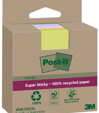 Post-it Super Sticky gerecyclede notes, 76 x 76 mm, gekleurd