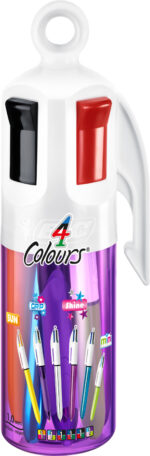 BIC 4 Colours drukbalpennen set, 6 stuks in paarse houder