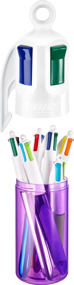 BIC 4 Colours drukbalpennen set, 6 stuks in paarse houder
