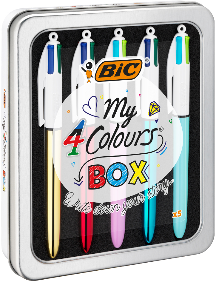BIC 4 Colours balpennen set, 5 stuks in metalen doos BIC 4 Colours balpennen set, 5 stuks in metalen doos