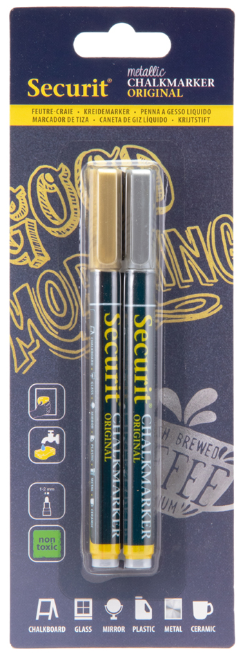 Securit krijtstiften set ronde punt, 2 stuks goud/zilver Securit krijtstiften set ronde punt, 2 stuks goud/zilver
