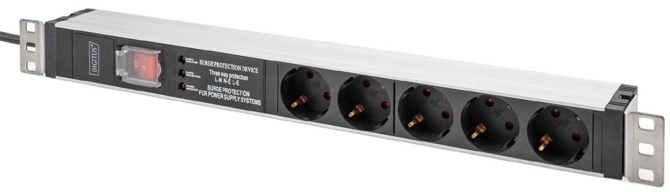 19" stekkerblok met schakelaar, 5-voudig, 1 HE