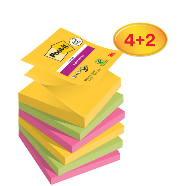 Post-it Zelfklevende Notitieblokjes Super Sticky Z-Notes, 76 x 76 mm, 6 blokken