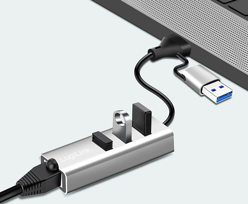 LogiLink USB 3.2 naar Gigabit Ethernet Adapter met 3-poorts USB Hub LogiLink USB 3.2 naar Gigabit Ethernet Adapter met 3-poorts USB Hub